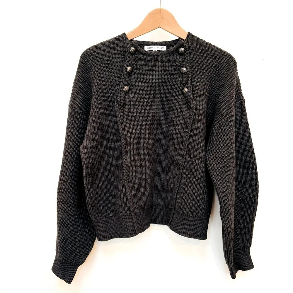 Rebecca Minkoff Natalie Chunky Rib Knit Sweater Button Bib Charcoal Gray Medium